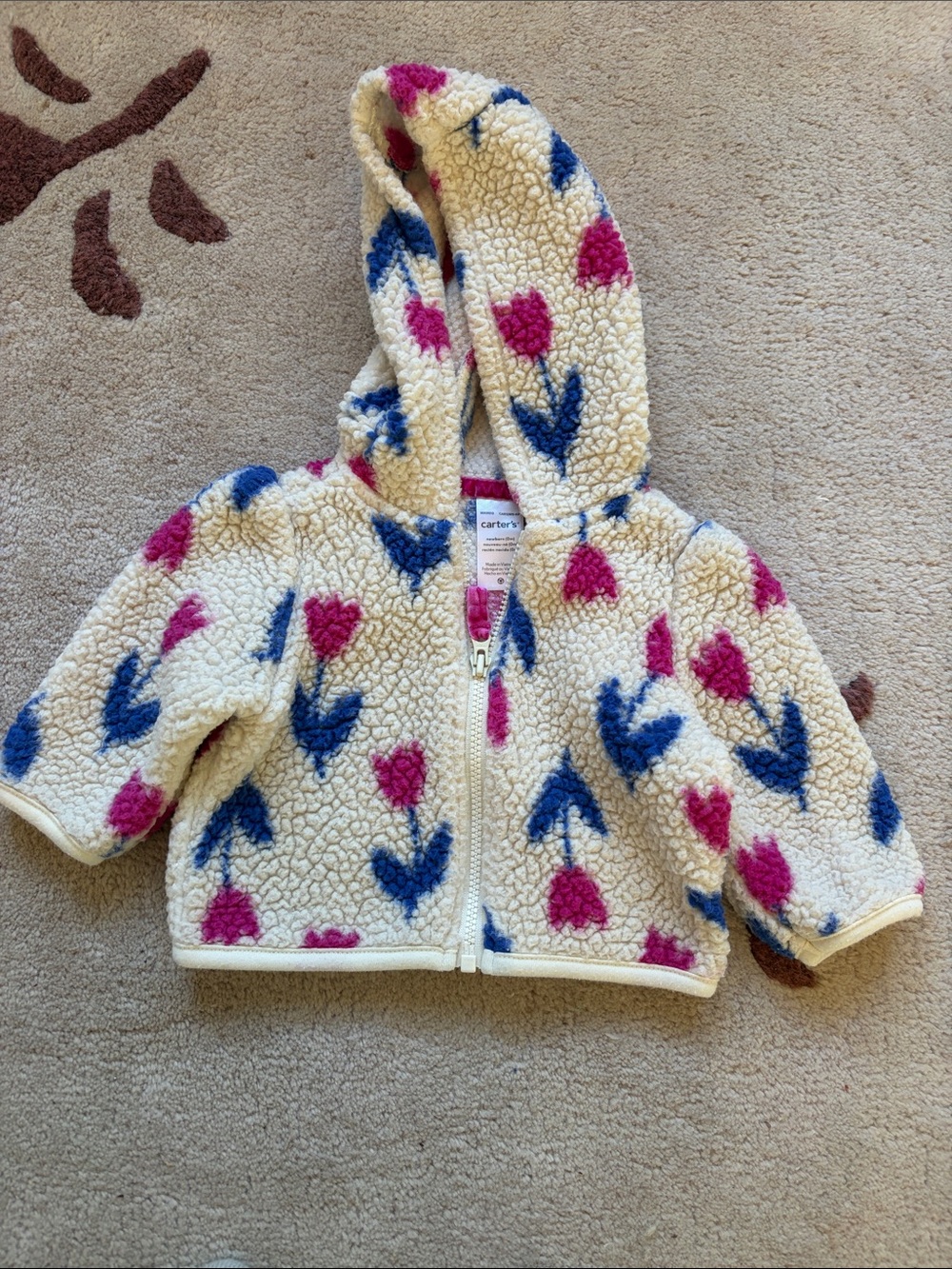 Carter's Cream Sherpa Hoodie with Pink & Blue Tulip Print